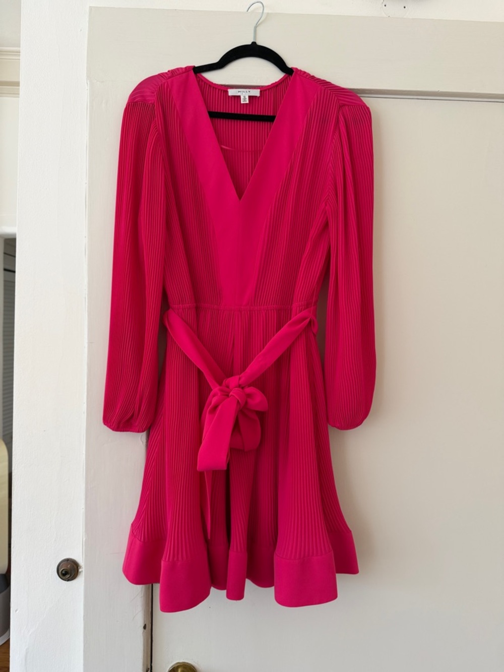 Milly - Liv Hot Pink V-Neck Pleated Long-Sleeve Tie-Waist Dress